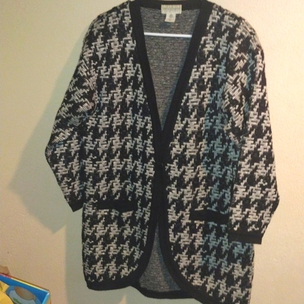 Vintage Tricots St. Raphael Patterned 100% Pure New Wool Houndstooth Cardigan M